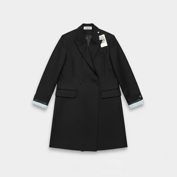 ロエベ ウールブレンド ダブルブレストロングコート ネイビー