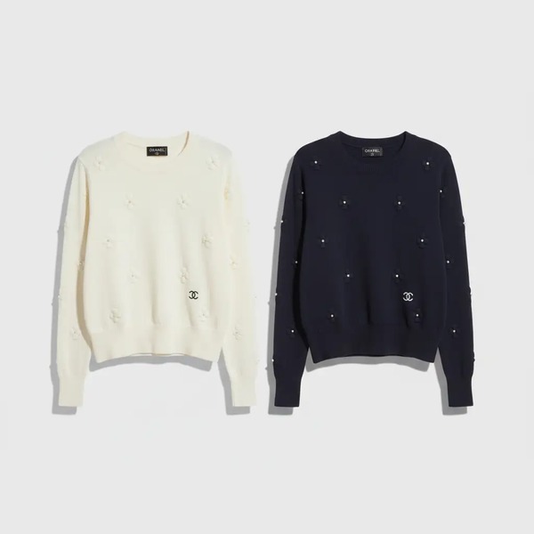 シャネル パールフラワー クルーネックニットセーター アイボリー&ネイビー
