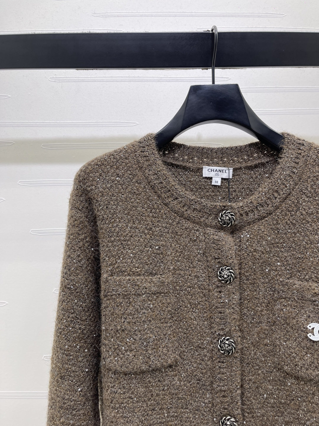 シャネル ビジュー刺繍ウールカーディガン ブラウン 詳細画像 3