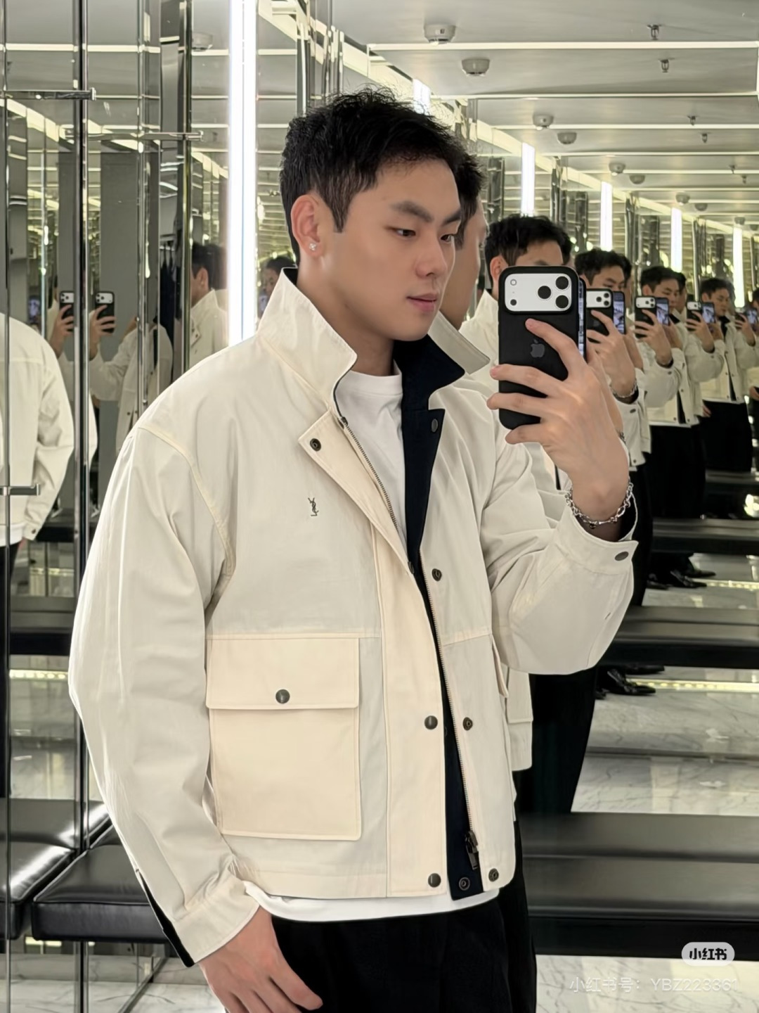 サンローラン リバーシブル ショートワークジャケット ライトベージュ/ネイビー