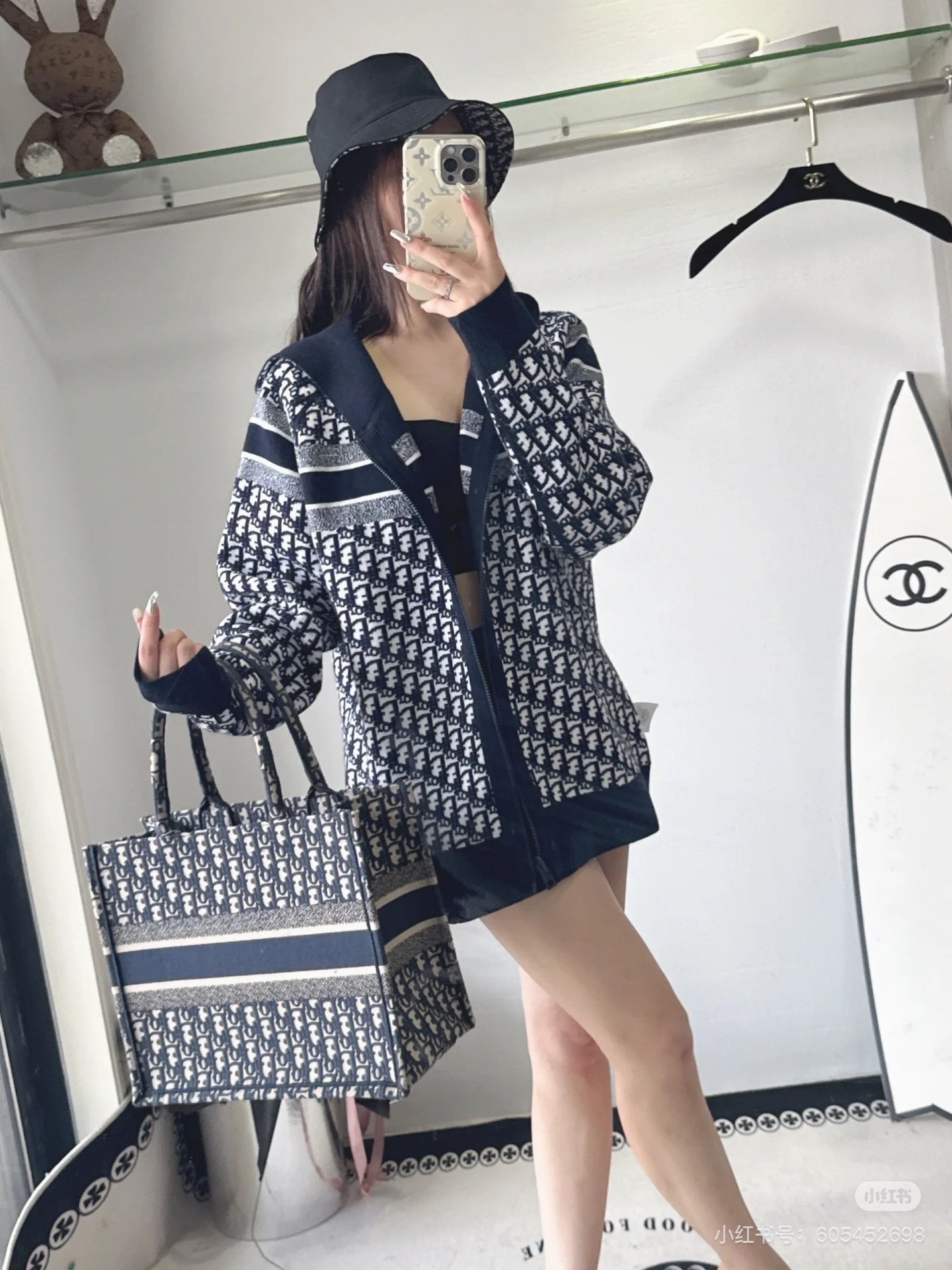 モノグラム柄 ジャカード リバーシブル ウール カシミヤ ニット フード付き ジップカーディガン ネイビー CS336832528