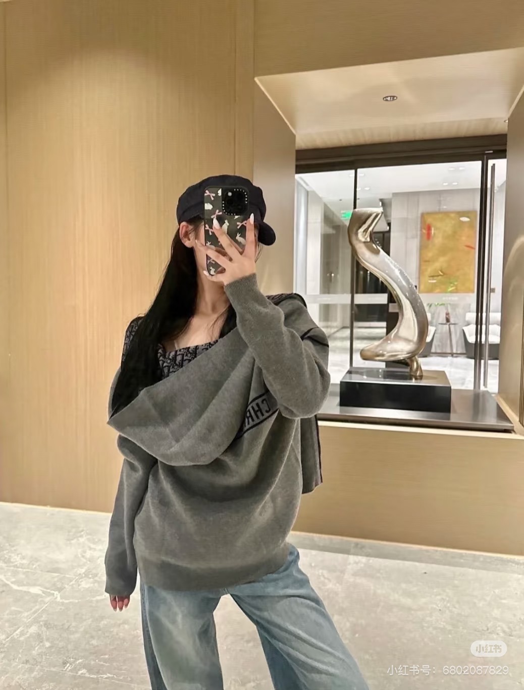 総柄プリント リバーシブル ウールカシミヤ ニット フード付きジップカーディガン グレー CS336832528 詳細画像 3