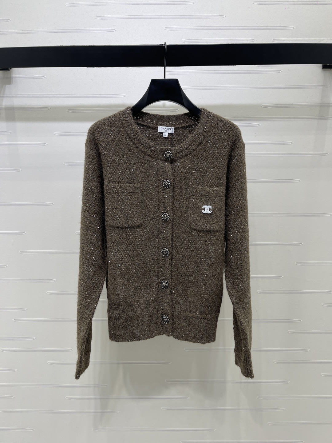 シャネル ビジュー刺繍ウールカーディガン ブラウン 詳細画像 1