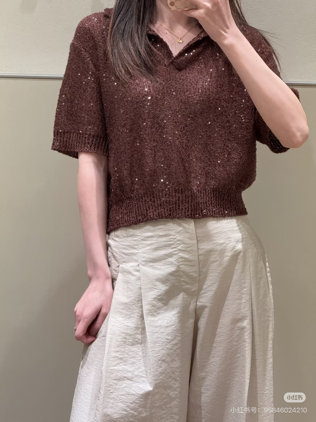 ポロ ラルフ ローレン リネン混 スパンコール ポロシャツ ボルドー 詳細画像 3