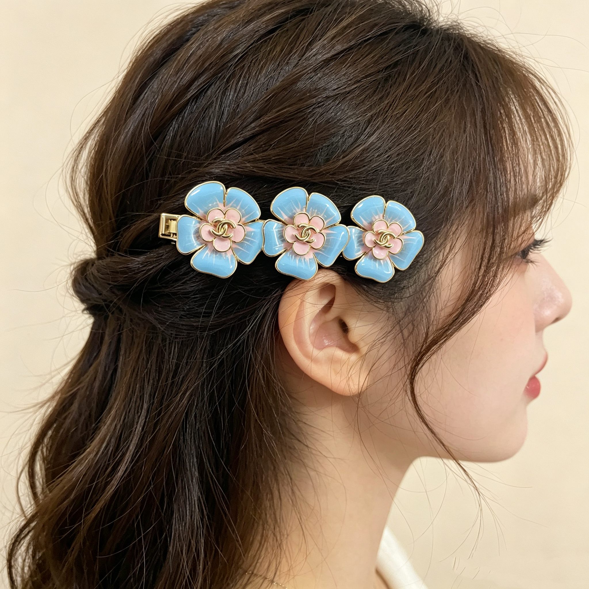 シャネル カメリア ヘアクリップ ブルー／ピンク 詳細画像 1