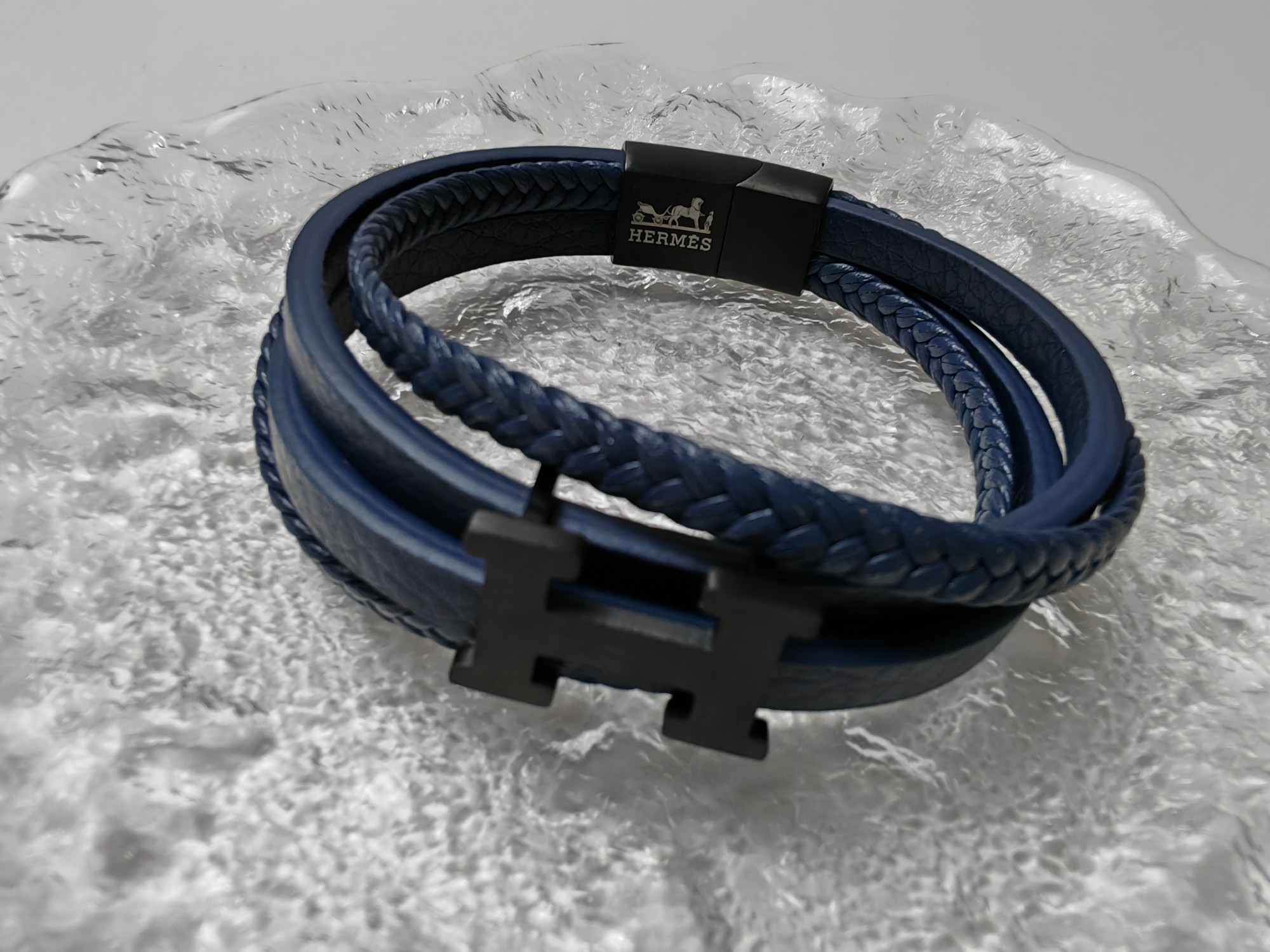 エルメス 多層レザーブレスレット ブルー Hバックル 詳細画像 2