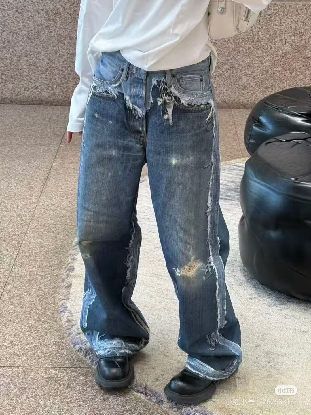 ワイドレッグ ダメージデニムパンツ ブルー A761280