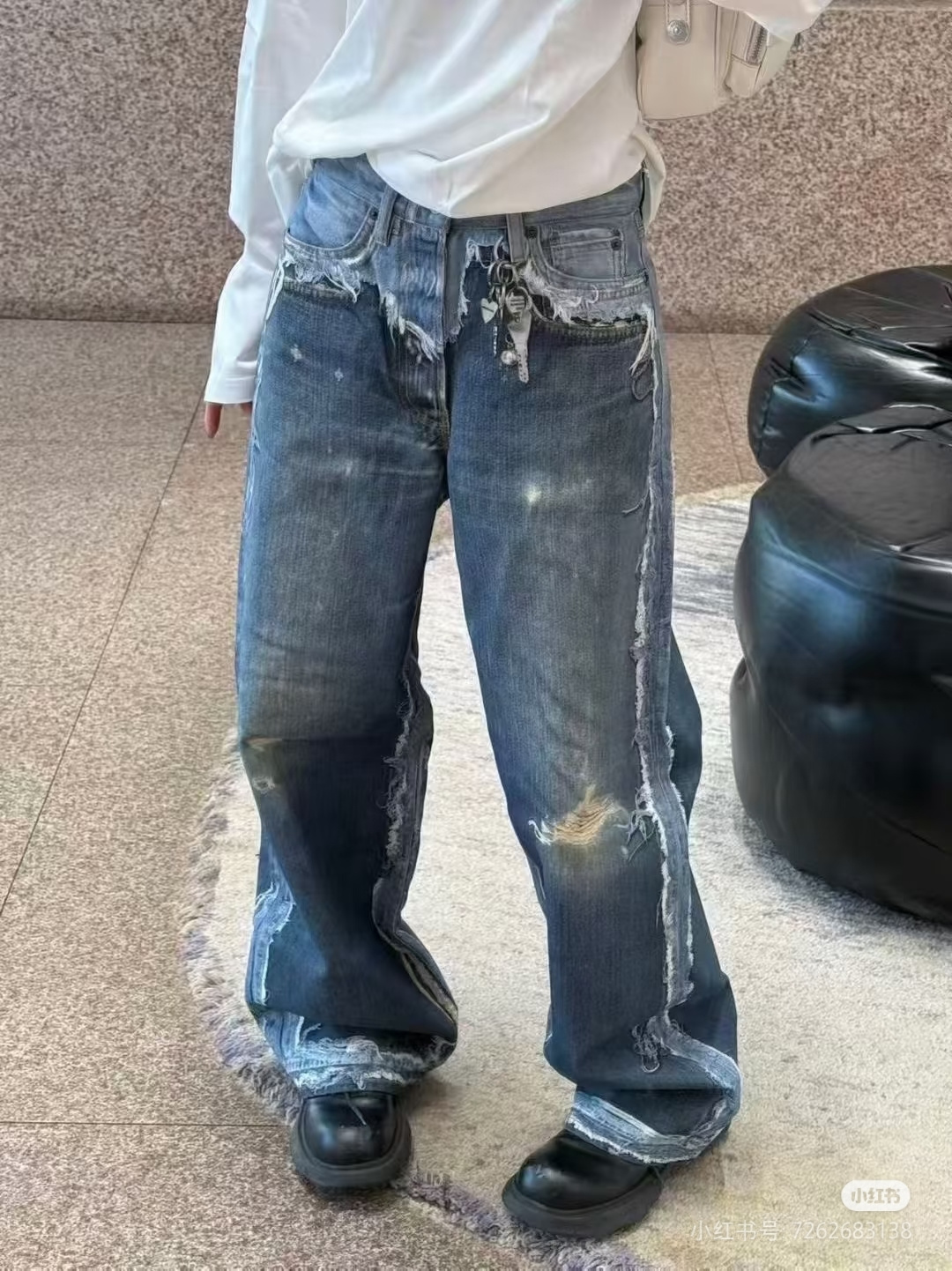 ワイドレッグ ダメージデニムパンツ ブルー A761280 詳細画像 1