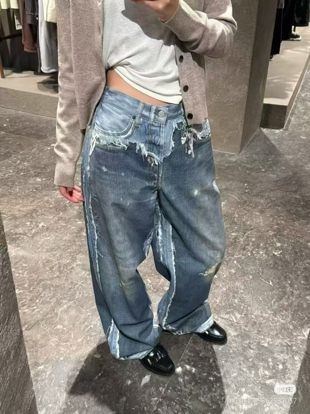 ワイドレッグ ダメージデニムパンツ ブルー A761280 詳細画像 2