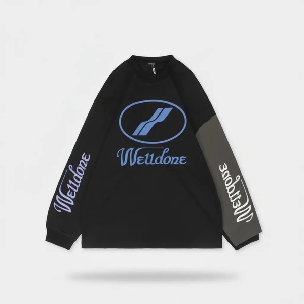ウェルダン 袖切り替え コントラストプリント ロングTシャツ ブラック
