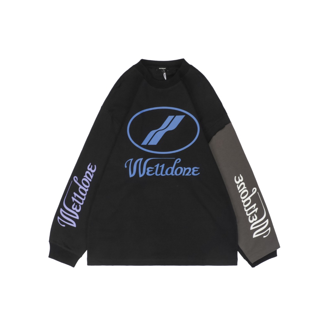 ウェルダン 袖切り替え コントラストプリント ロングTシャツ ブラック 詳細画像 1