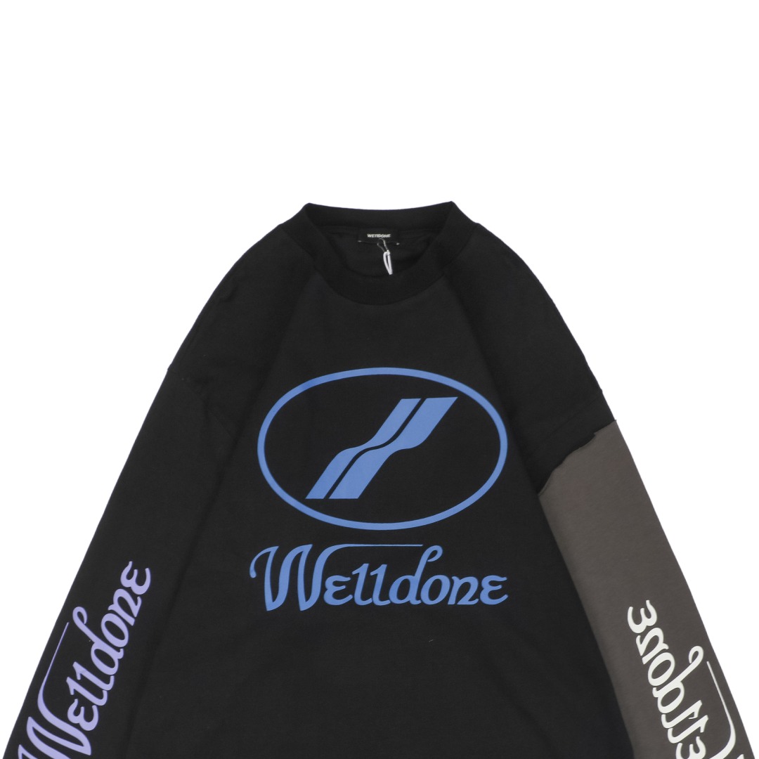 ウェルダン 袖切り替え コントラストプリント ロングTシャツ ブラック 詳細画像 3