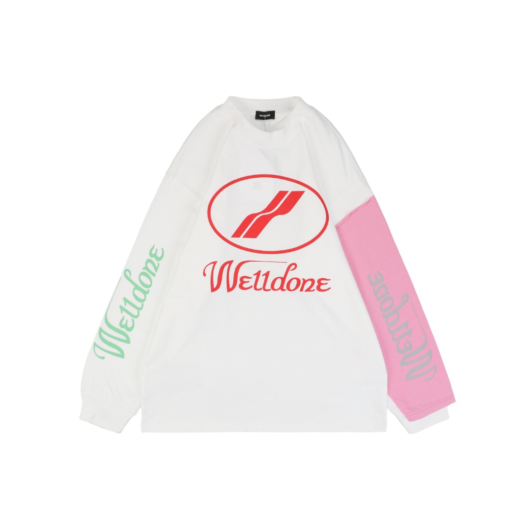 ウェルダン アームパッチワーク コントラストプリント 長袖Tシャツ ホワイト ピンク 詳細画像 1