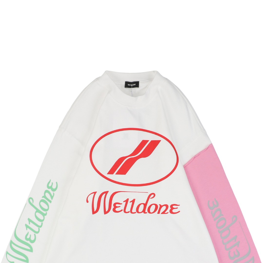 ウェルダン アームパッチワーク コントラストプリント 長袖Tシャツ ホワイト ピンク 詳細画像 3