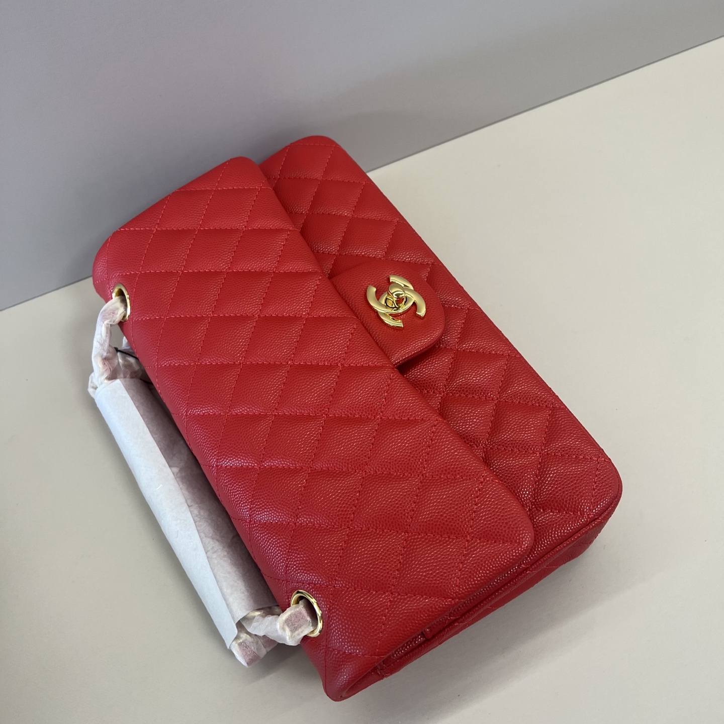 シャネル クラシックフラップ 2.55 チェーンショルダーバッグ 25cm キャビアスキン レッド 詳細画像 3