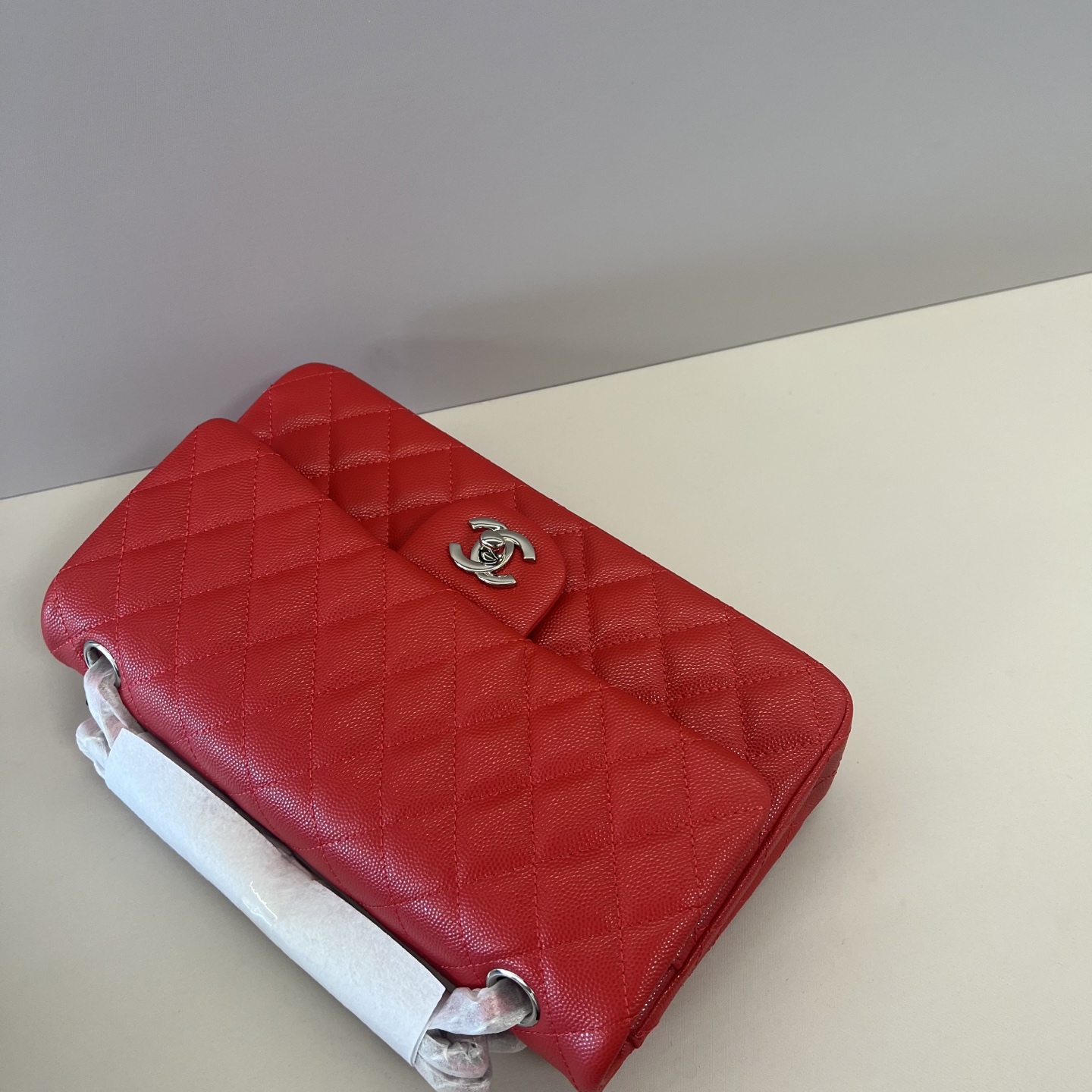 シャネル クラシックフラップ CF 25cm キャビアレザー チェーンショルダーバッグ レッド シルバー金具 詳細画像 3