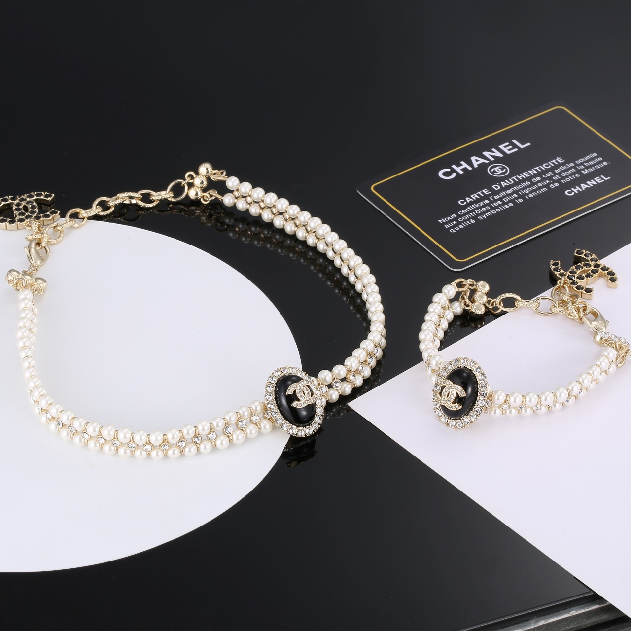 シャネル オーバルパール ラインストーン ネックレス&ブレスレットセット ホワイトゴールド 詳細画像 1