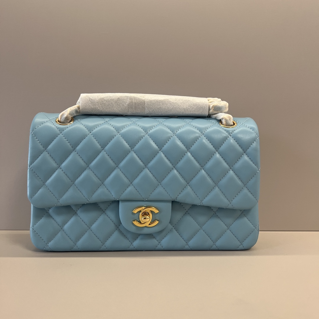 シャネル クラシックフラップ 2.55 チェーンショルダーバッグ 25cm ラムスキン レイクブルー ゴールド金具 詳細画像 1
