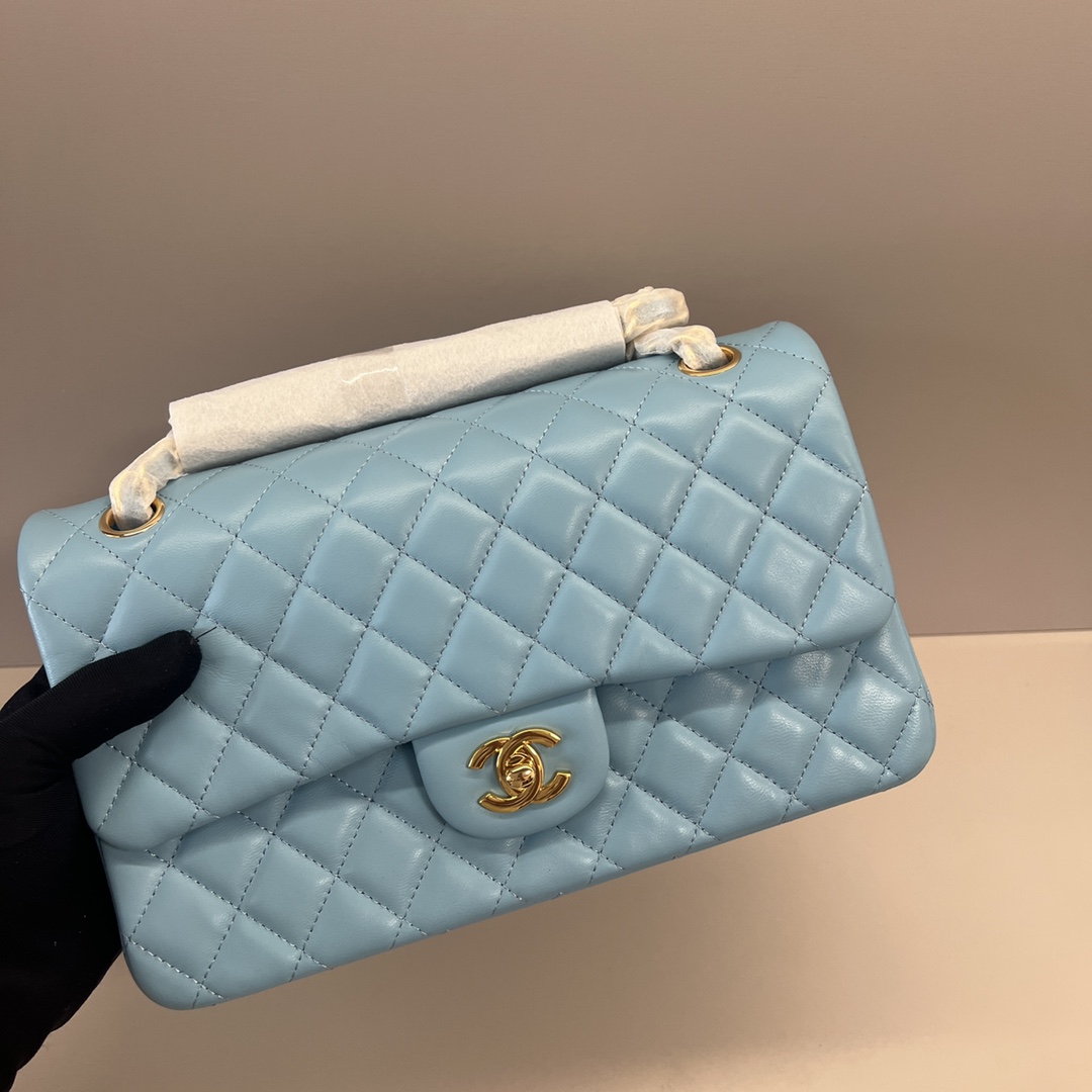 シャネル クラシックフラップ 2.55 チェーンショルダーバッグ 25cm ラムスキン レイクブルー ゴールド金具 詳細画像 3