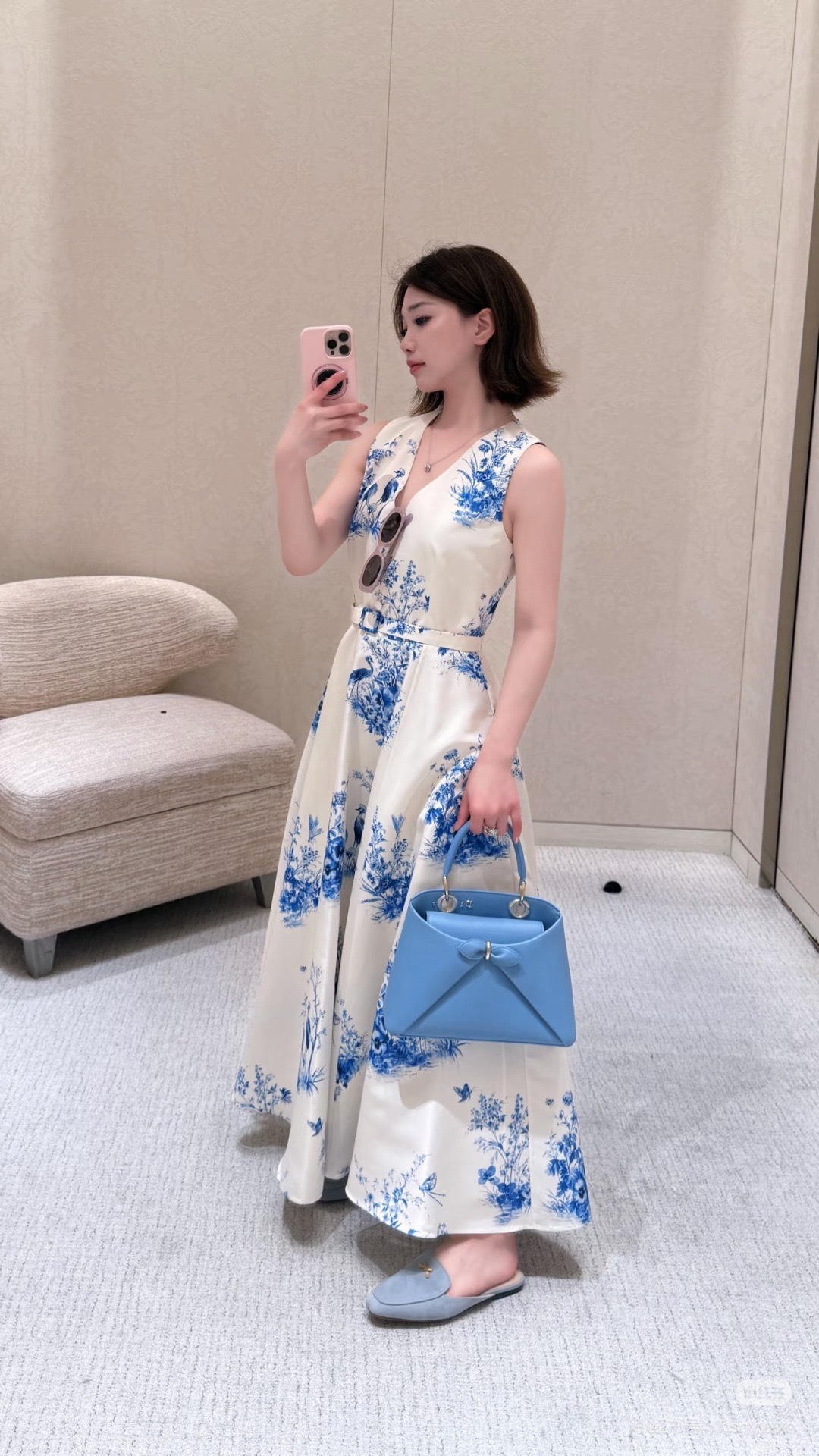ディオール ガーデンワールド 青花磁器 花鳥柄 ノースリーブワンピース D456390