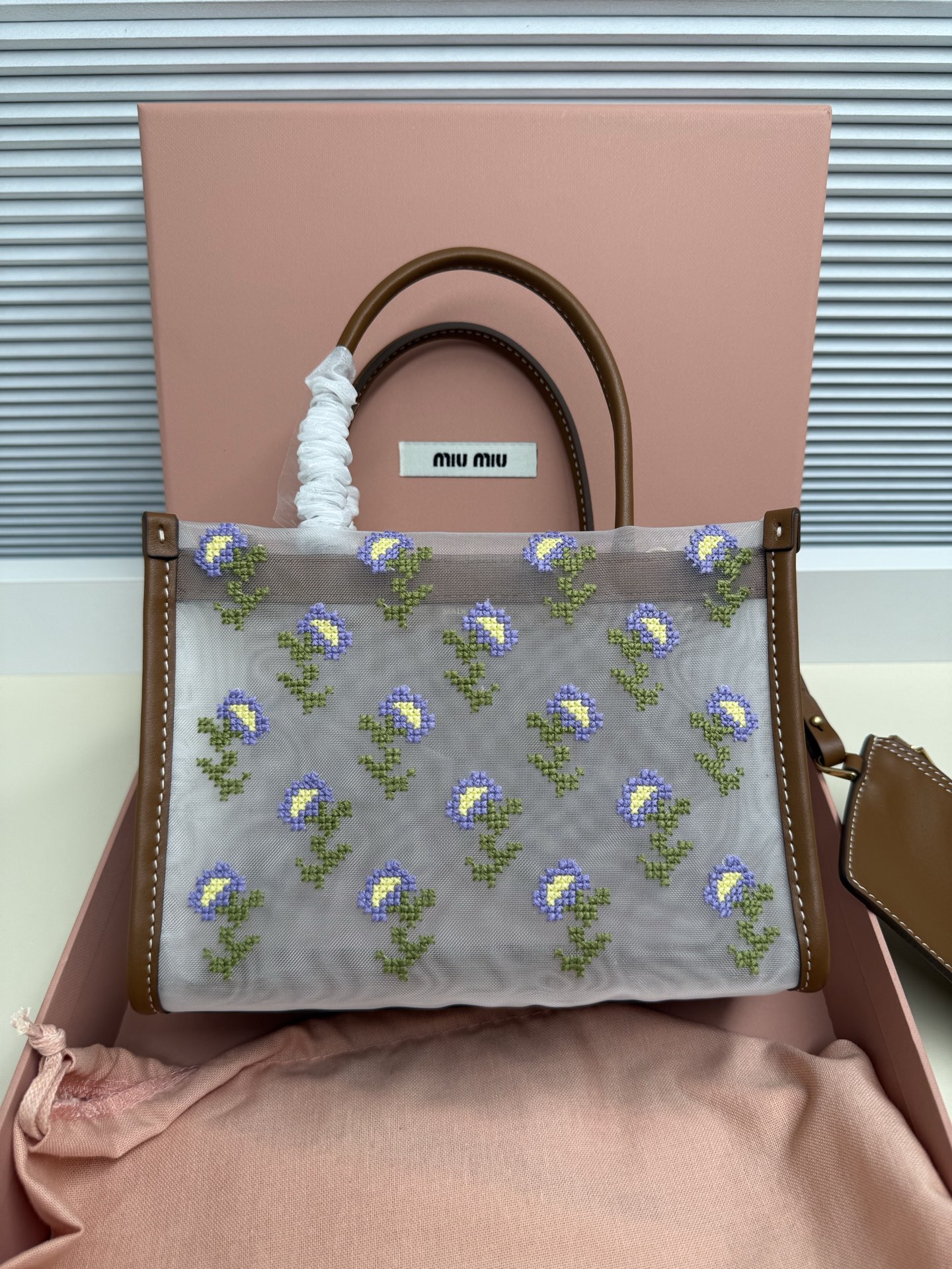 ミュウミュウ メッシュ刺繍 ミニトートバッグ ピンク ブラウン 5BA310 詳細画像 2