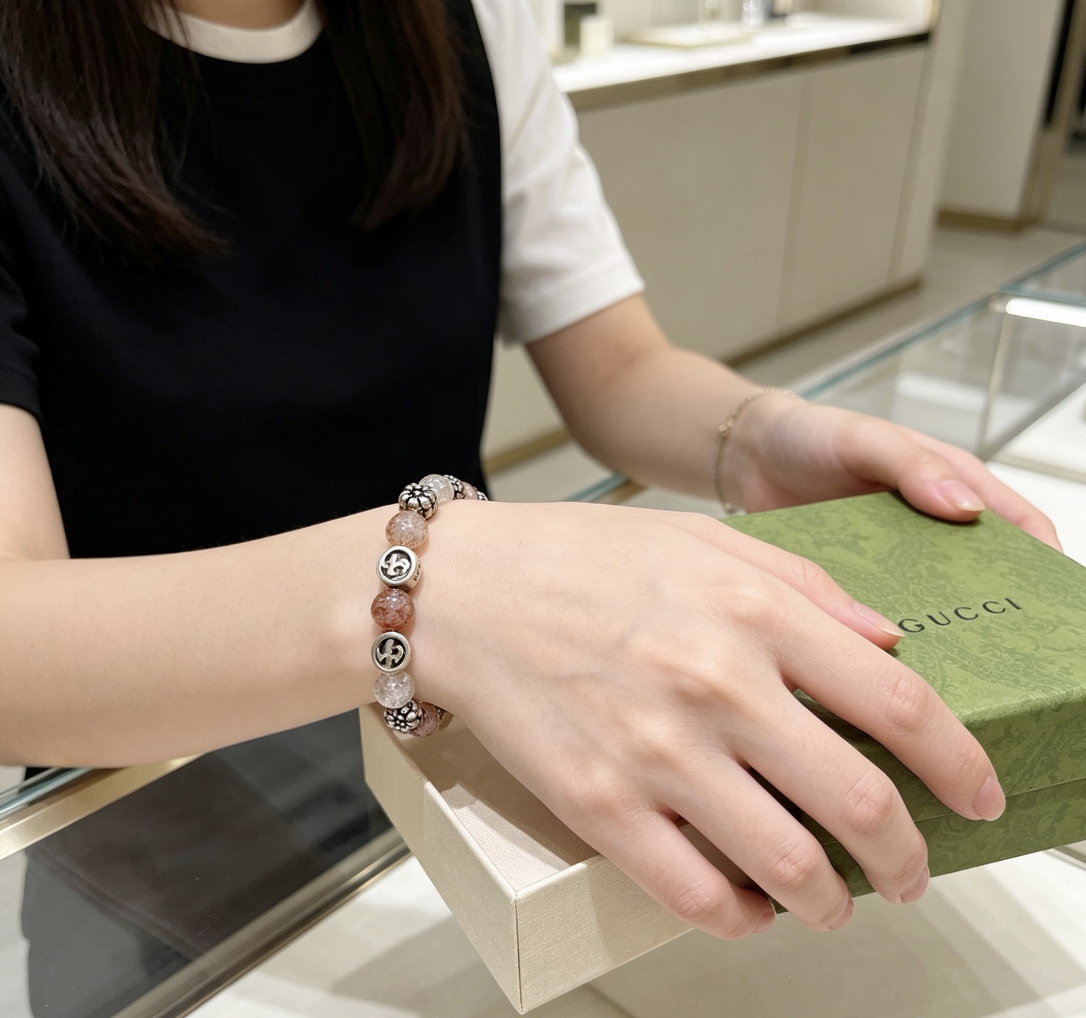 グッチ ダブルG 天然石ビーズブレスレット シルバー×レッドブラウン 詳細画像 3