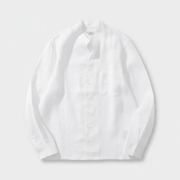 ゼニア Oasi Lino バンドカラー リネンシャツ ホワイト