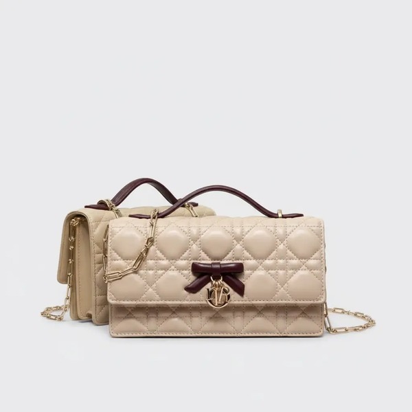 ディオール My Dior ミニ チェーンハンドバッグ パールチェーン アプリコット×ワインレッド