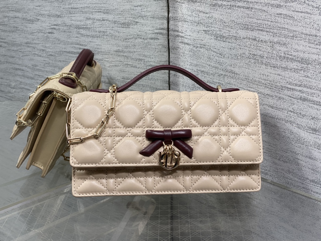 ディオール My Dior ミニ チェーンハンドバッグ パールチェーン アプリコット×ワインレッド 詳細画像 2