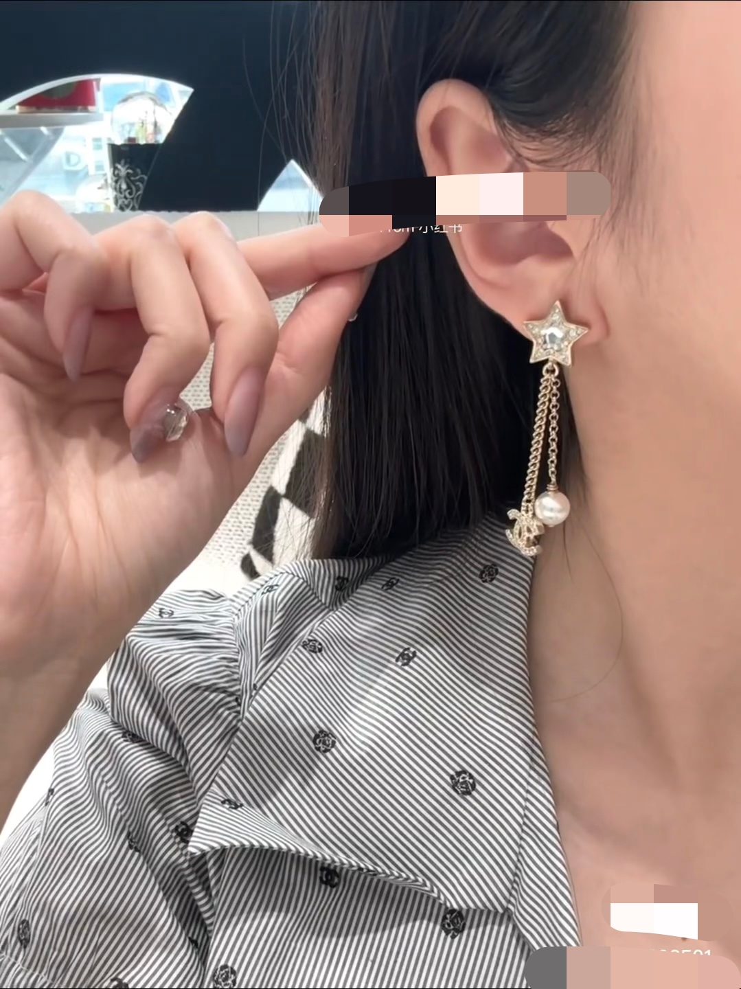 シャネル スター タッセルチェーン ダブルC パールピアス ゴールド 詳細画像 2