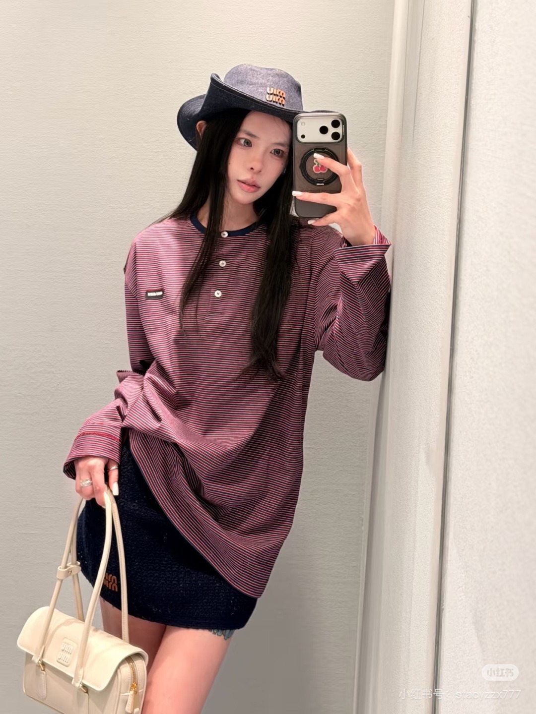 ミュウミュウ ヴィンテージ ワインレッド ファインストライプ ヘンリーネック 長袖Tシャツ M765250