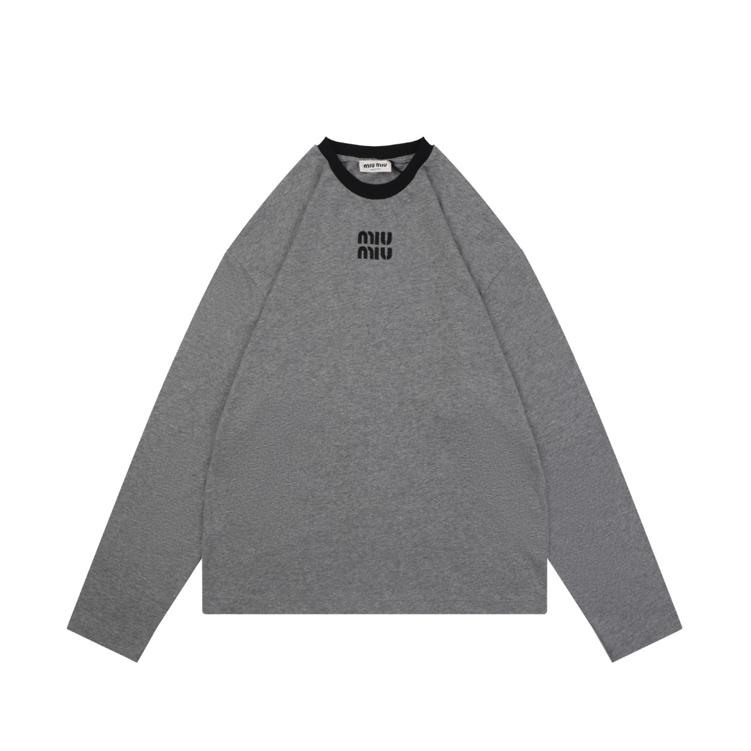 ミュウミュウ 配色ネック ロングスリーブTシャツ ブラック グレー 詳細画像 1