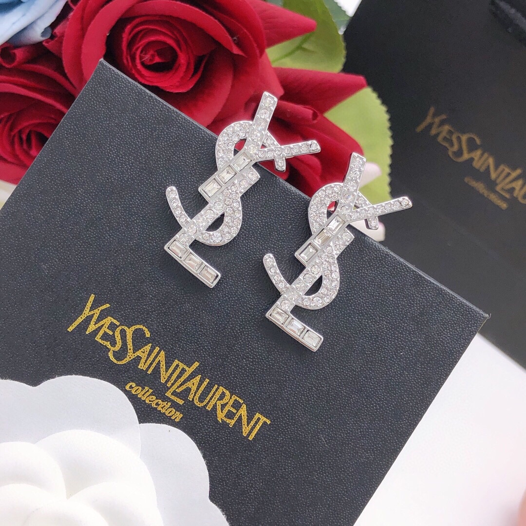 サンローラン YSL レター スクエアラインストーン スタッドピアス シルバー 詳細画像 2