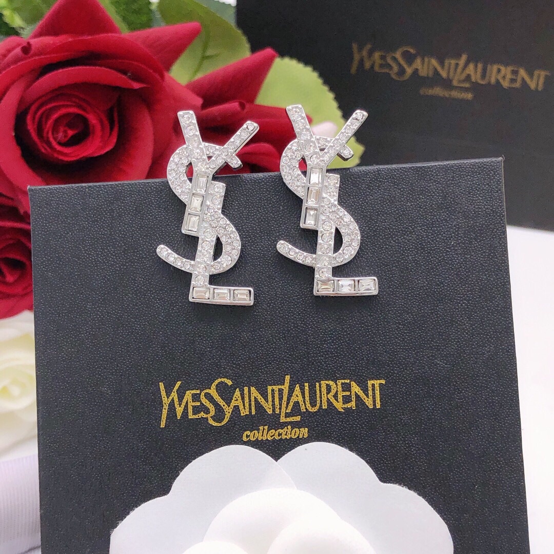 サンローラン YSL レター スクエアラインストーン スタッドピアス シルバー 詳細画像 1