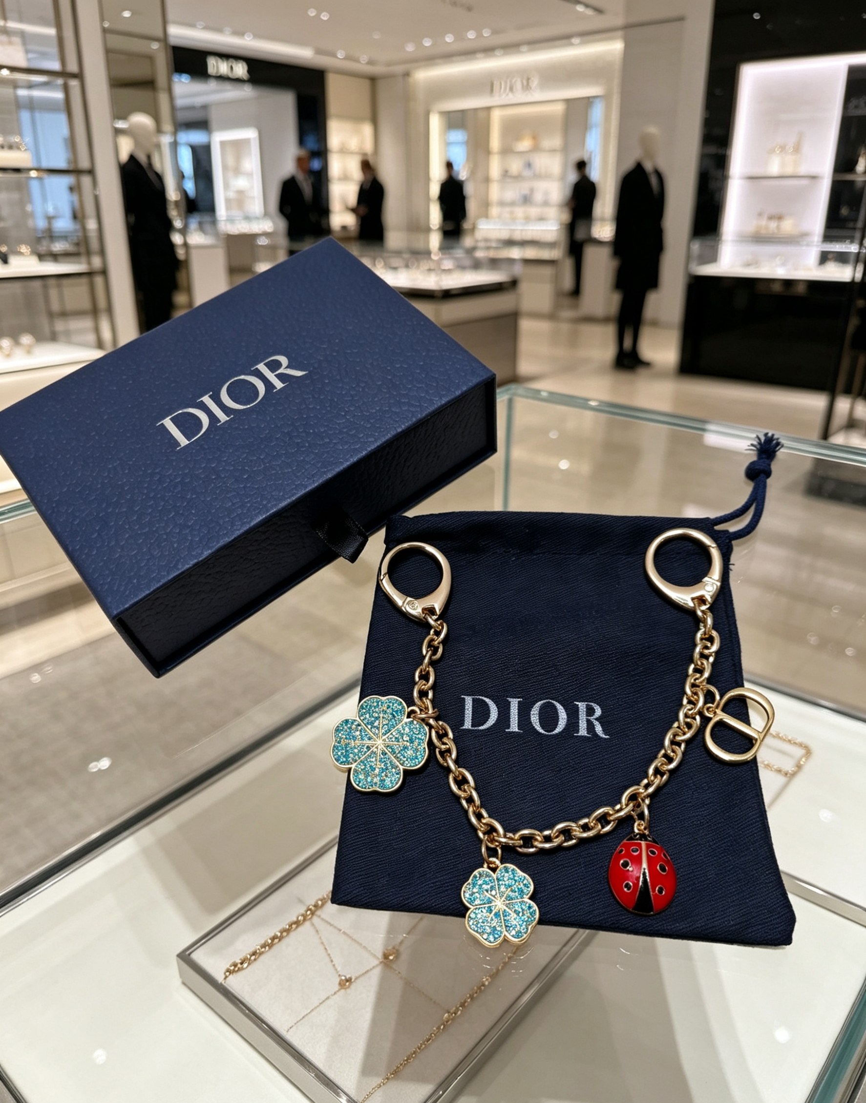 ディオール ガーデンシリーズ バッグチャームチェーン デイジー&ビー モチーフ ダブルロブスターclasp 光沢ヴィンテージゴールド 詳細画像 3
