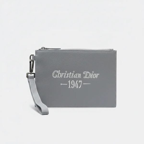 ディオール ディオールグレー グレインドカーフスキン A5 クラッチバッグ "Christian Dior 1947" 刺繍ロゴ