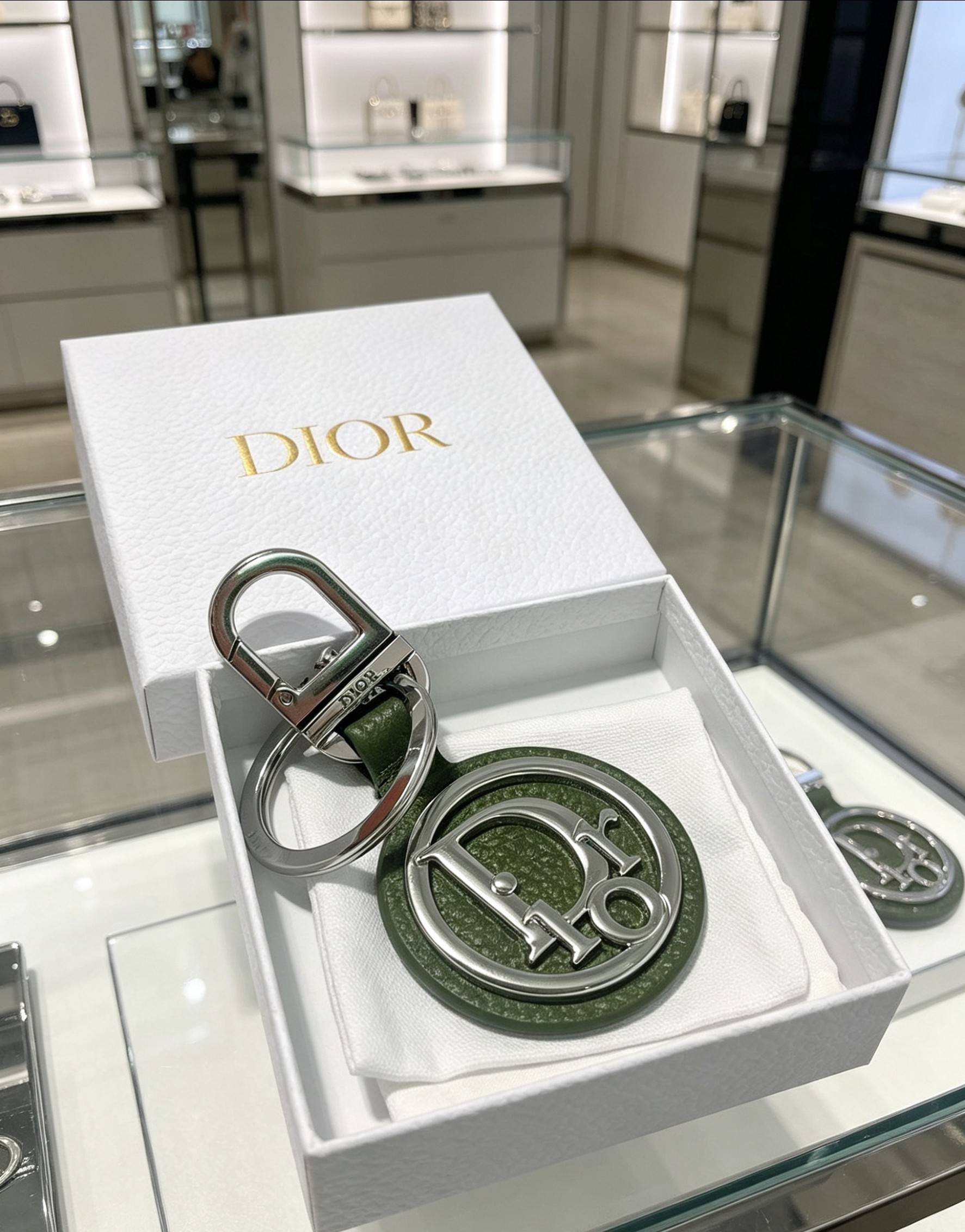 ディオール CD Diamond オリーブ グレインカーフスキン ラウンド メタルロゴ ロブスタークラスプ キーリング オリーブグリーン 詳細画像 1