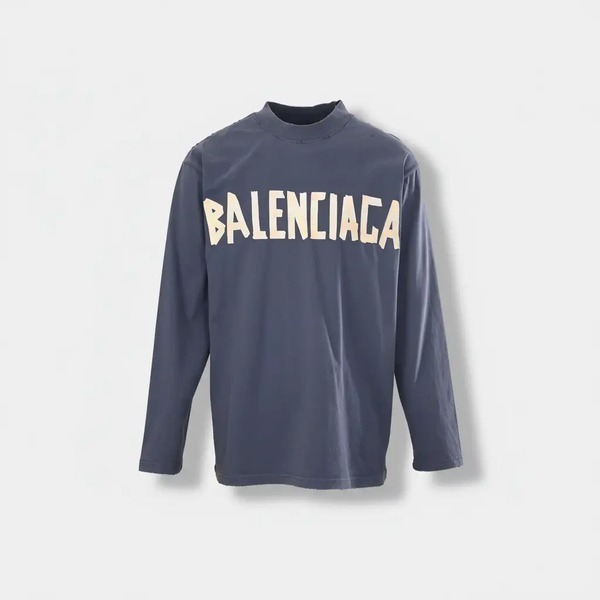 バレンシアガ ウォッシュ加工 マスキングテープ ロングスリーブTシャツ ブラック ブルー