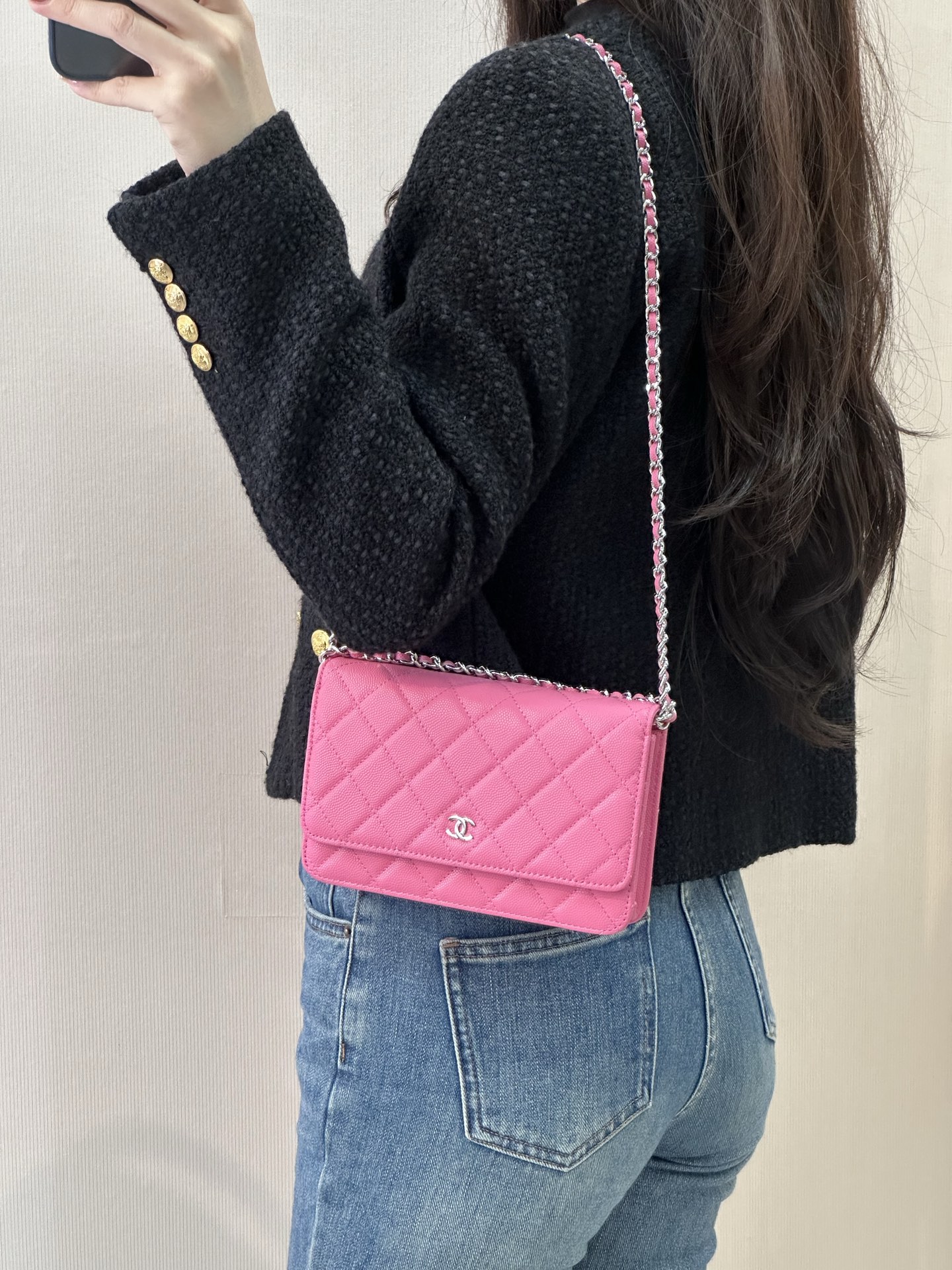 シャネル クラシックフラップ WOC チェーンミニショルダーバッグ ローズレッド シルバー金具 詳細画像 1
