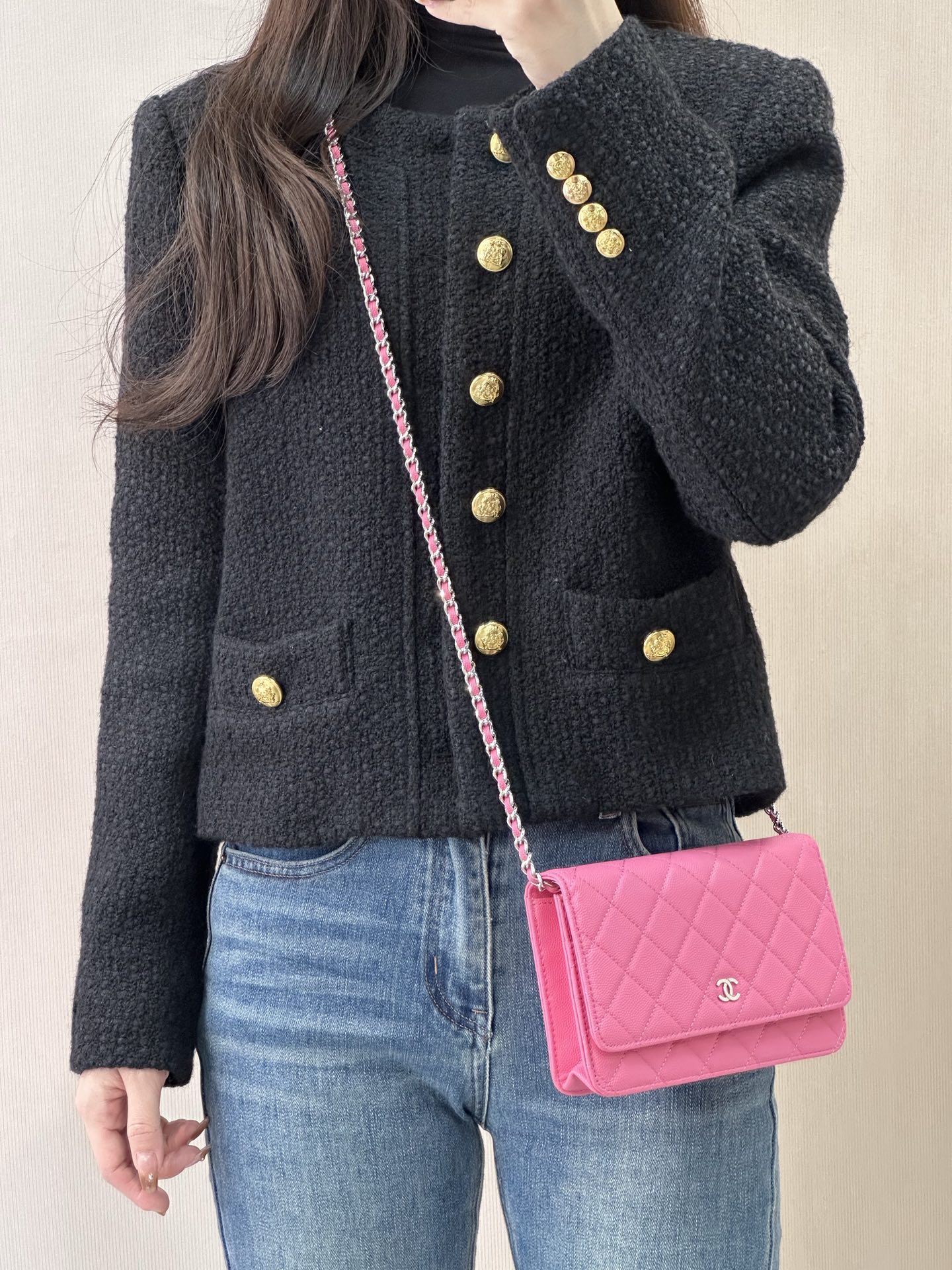 シャネル クラシックフラップ WOC チェーンミニショルダーバッグ ローズレッド シルバー金具 詳細画像 2