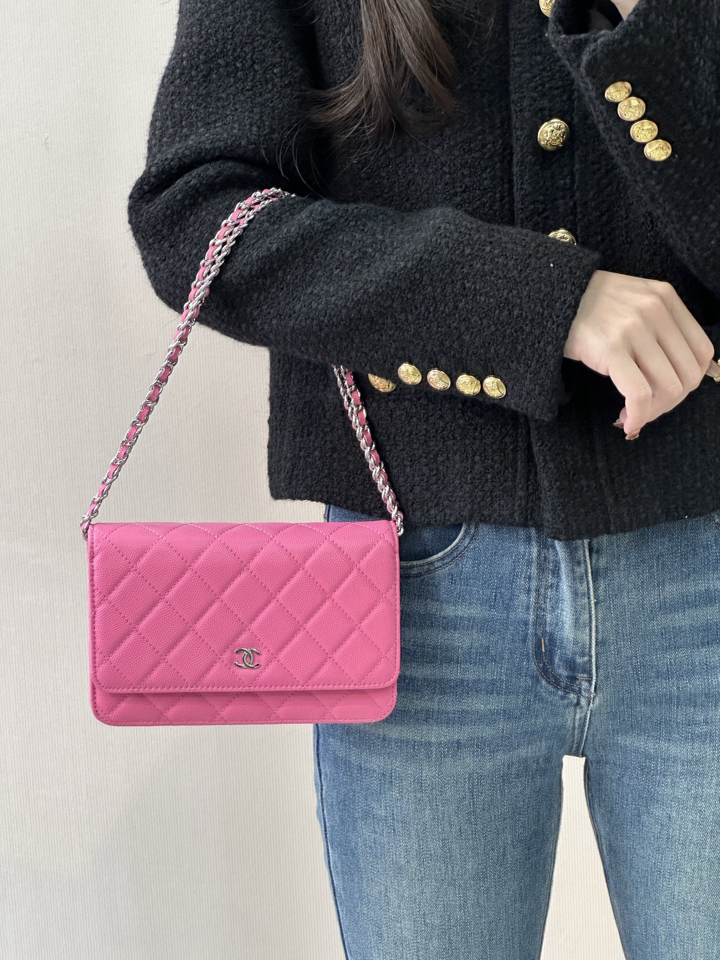 シャネル クラシックフラップ WOC チェーンミニショルダーバッグ ローズレッド シルバー金具 詳細画像 3