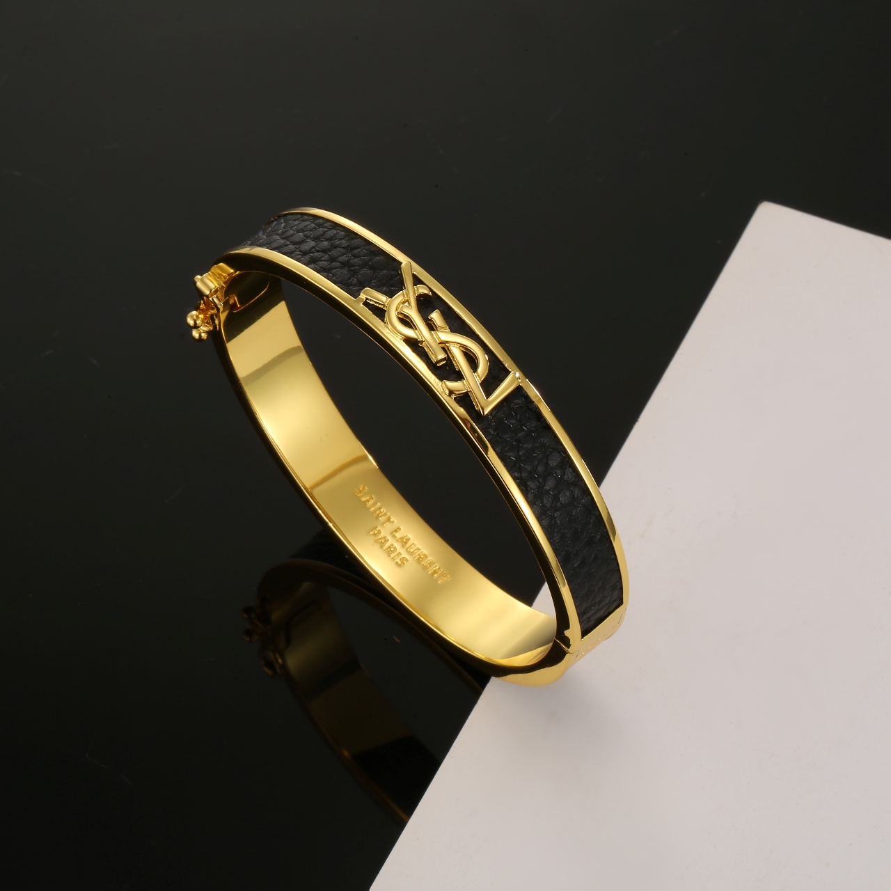 サンローラン YSL ロゴ バングル ブレスレット ブラック ゴールド 詳細画像 2