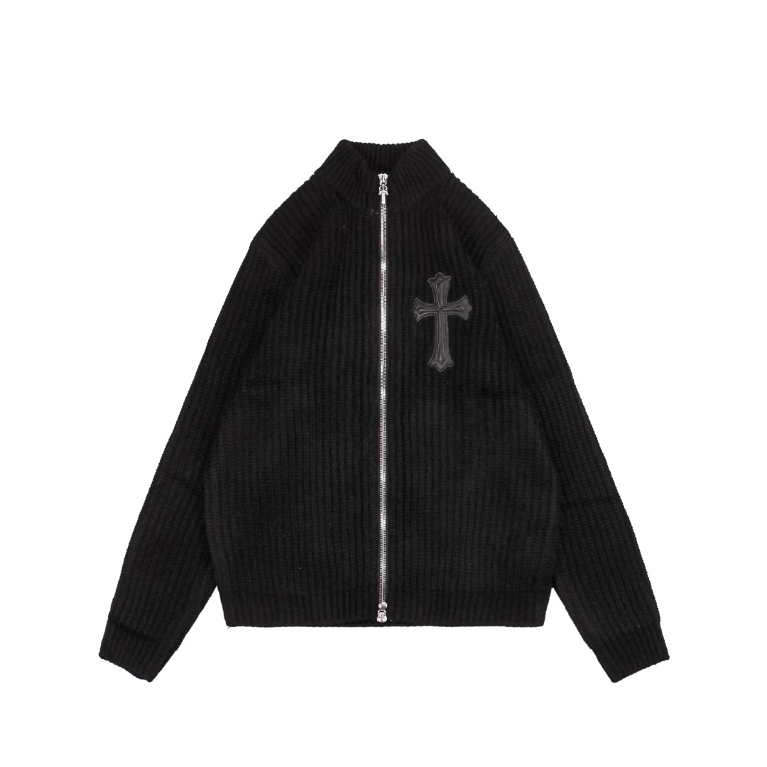 クロムハーツ 23FW クロスレザーパッチ シルバージップ ウールカーディガン ジャケット 詳細画像 1