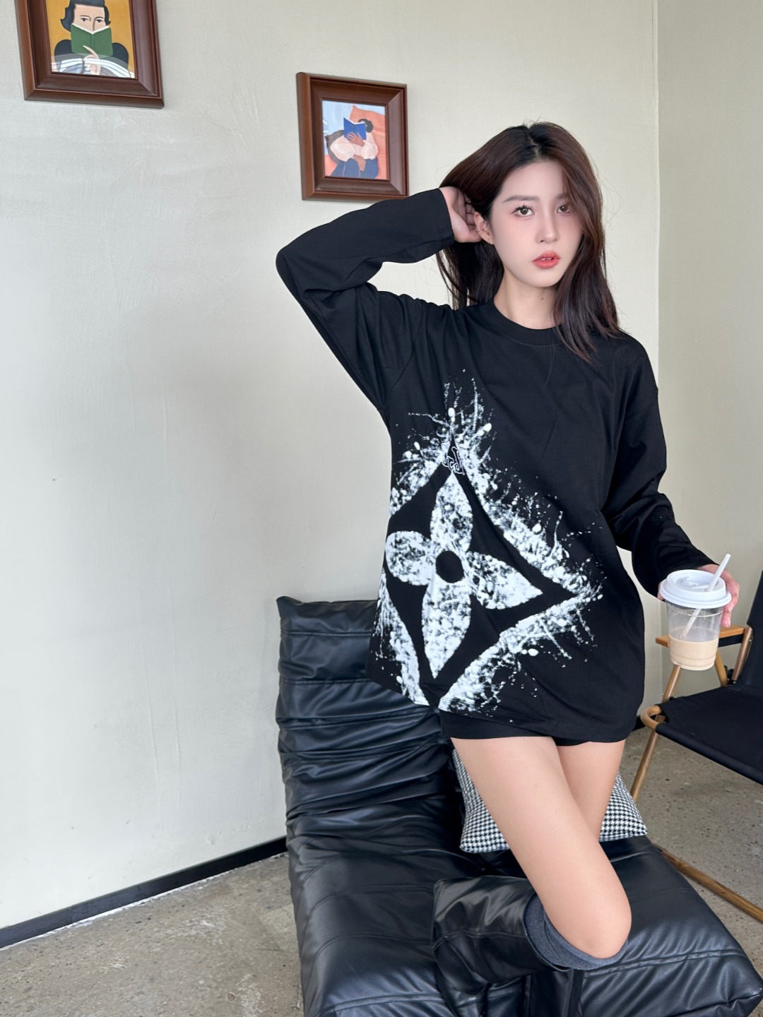 クローバープリント ロングスリーブTシャツ ブラック 詳細画像 3