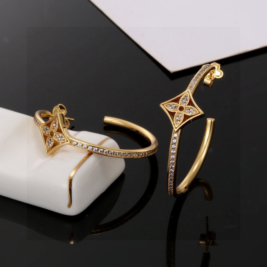 ルイ・ヴィトン LV Twig クリスタル フープピアス ゴールド 詳細画像 1