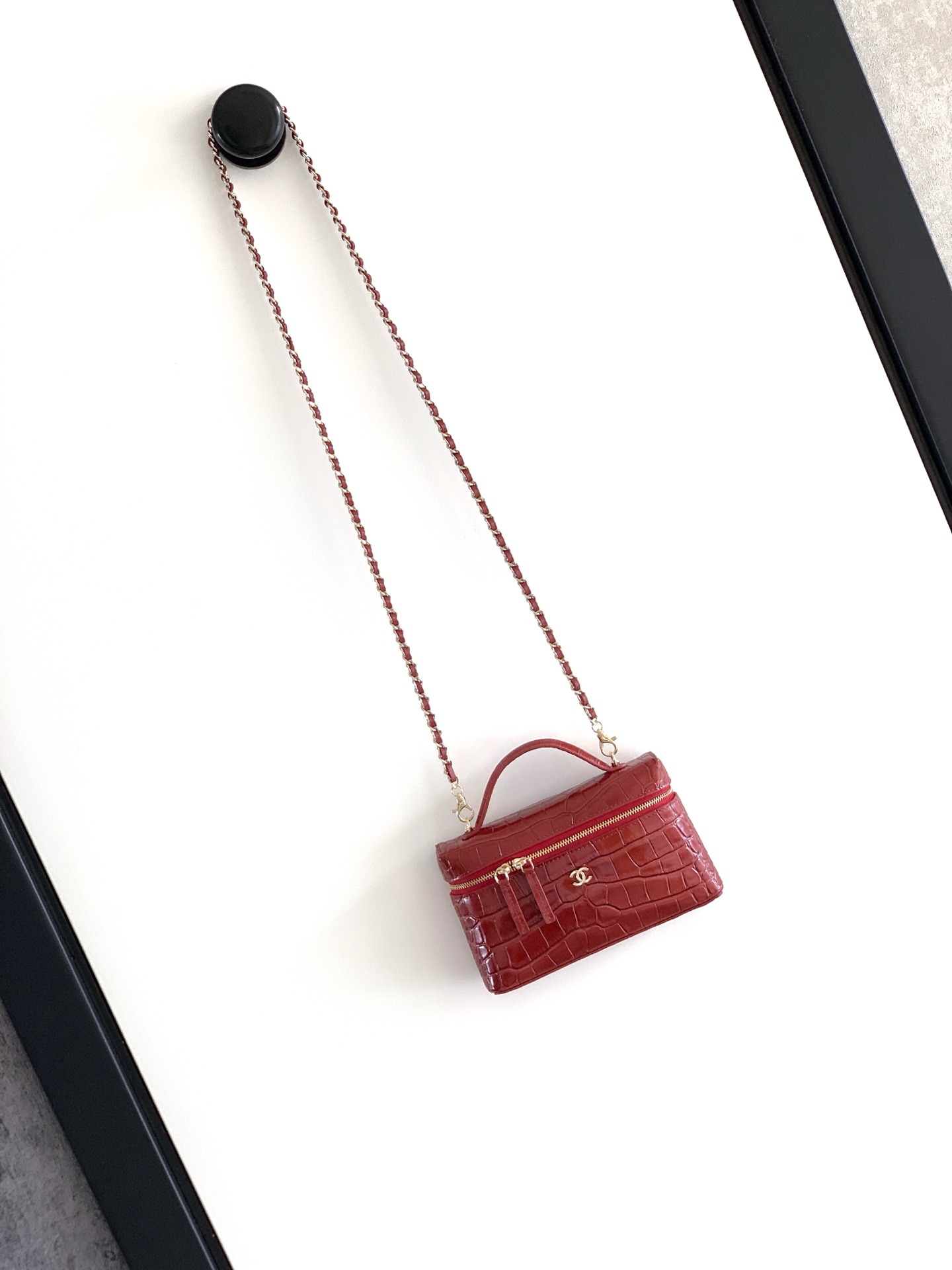 シャネル LP ランチボックス クロコ型押しレザー チェーンショルダーバッグ ワインレッド 5346 詳細画像 2