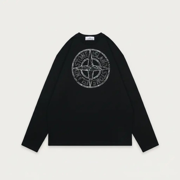 ストーンアイランド ディストレスト ロゴプリント 長袖Tシャツ ブラック