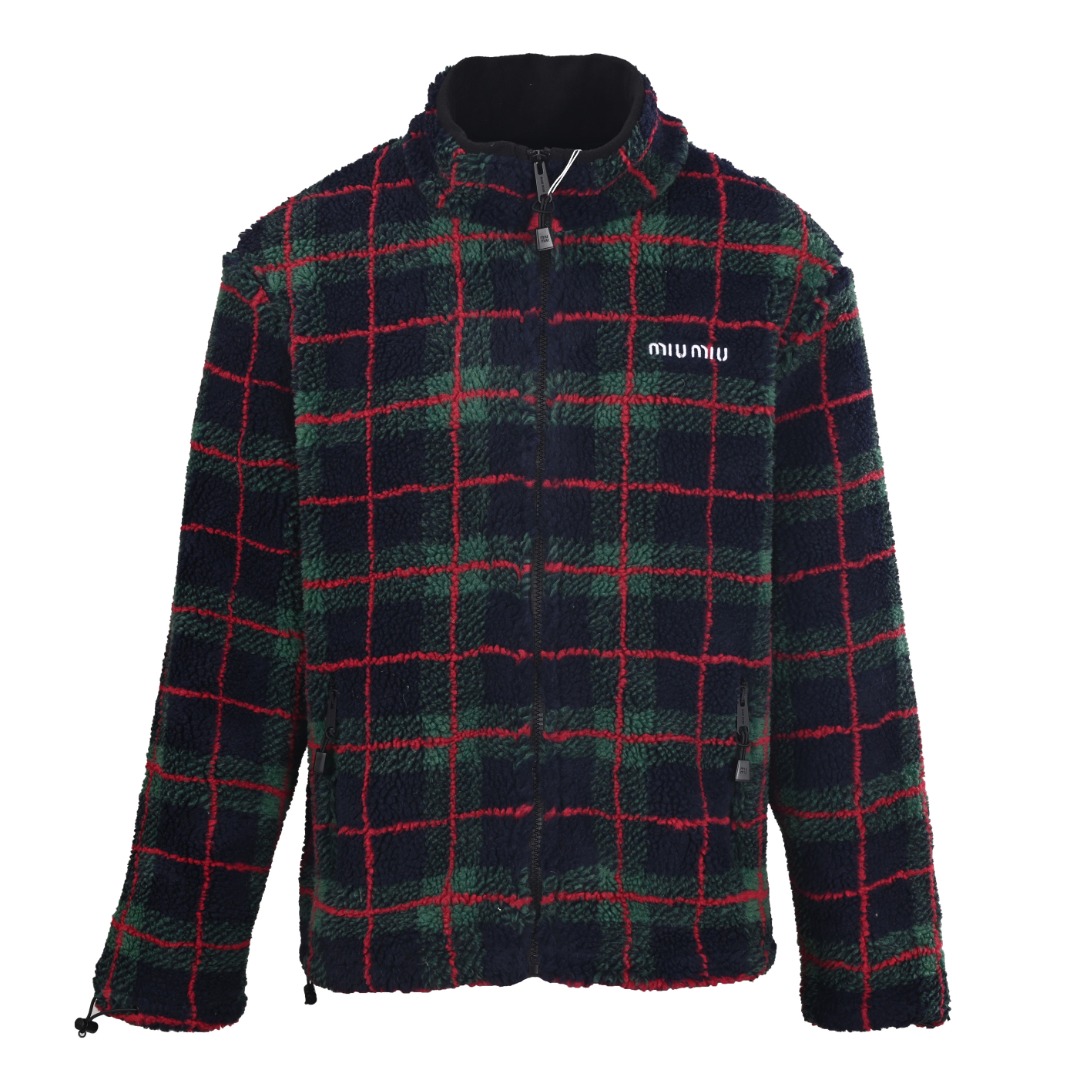 ミュウミュウ チェック ジップアップ フリースジャケット ネイビー グリーン レッド 詳細画像 1