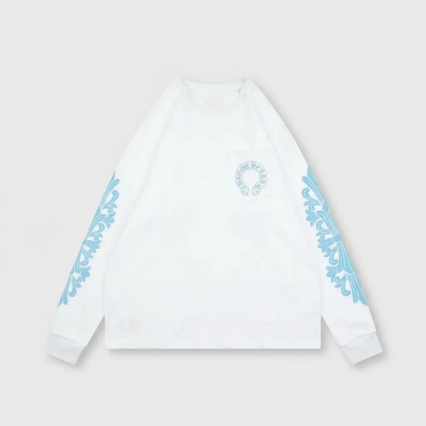 クロムハーツ クロス スリーブ スクロールプリント ロングTシャツ ホワイト×ブルー
