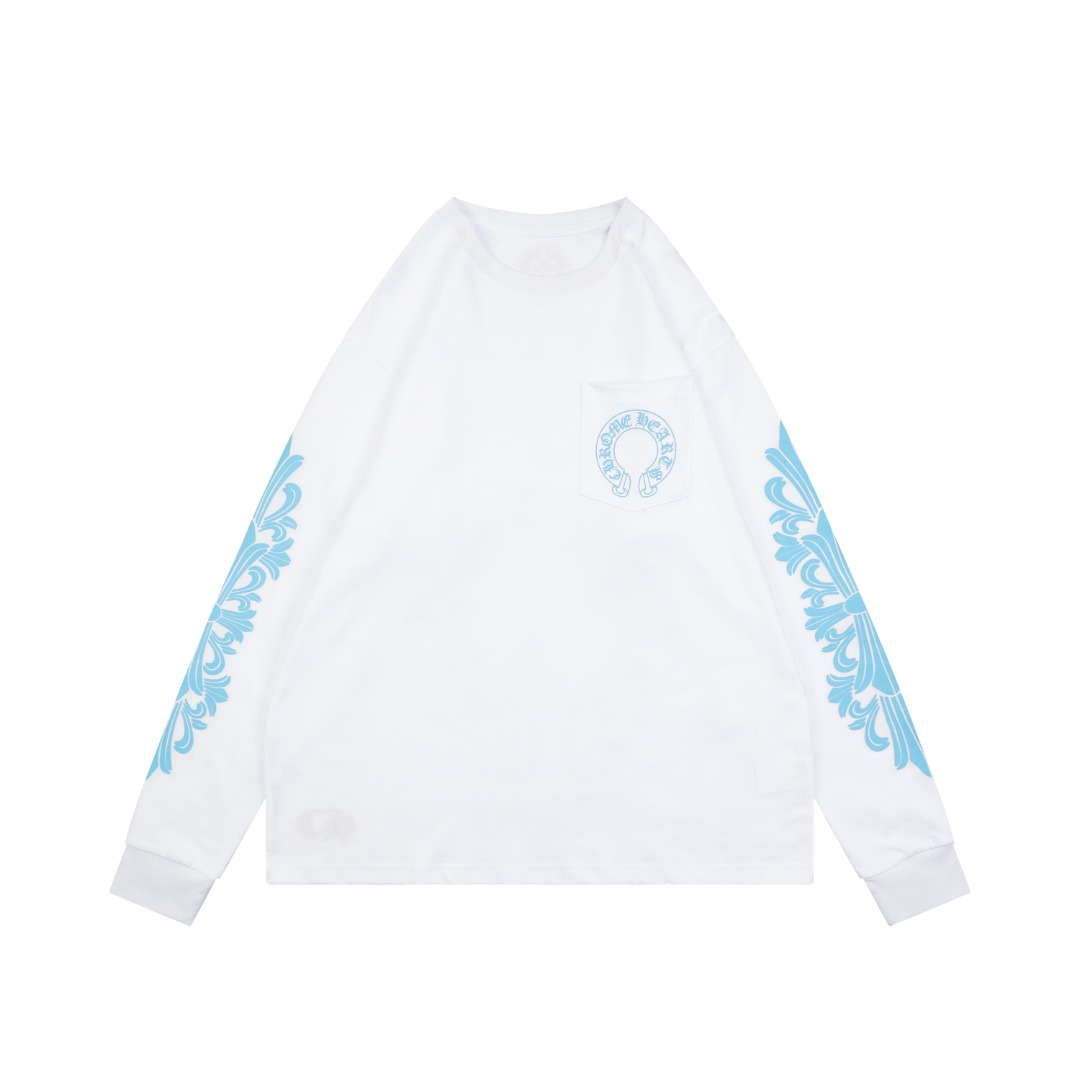 クロムハーツ クロス スリーブ スクロールプリント ロングTシャツ ホワイト×ブルー 詳細画像 1